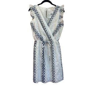 NWT Everly Blue and White Embroidered Ruffle Sleeve V Neck Prairie Dress